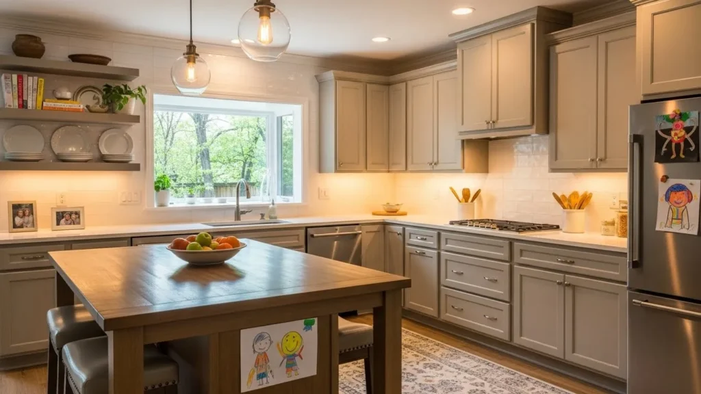 Soft greige kitchen cabinets in a warm modern kitchen