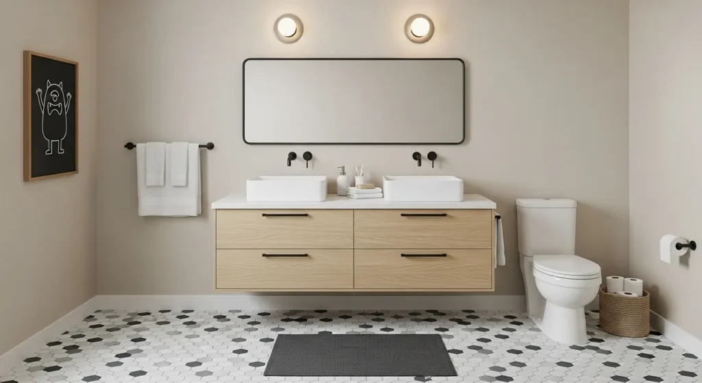 Patterned tile flooring in boys bathroom