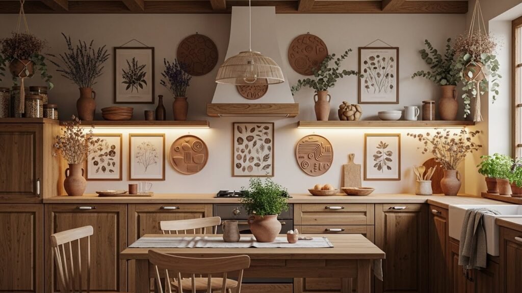 Earthy kitchen with nature-inspired art and personal decorative touches