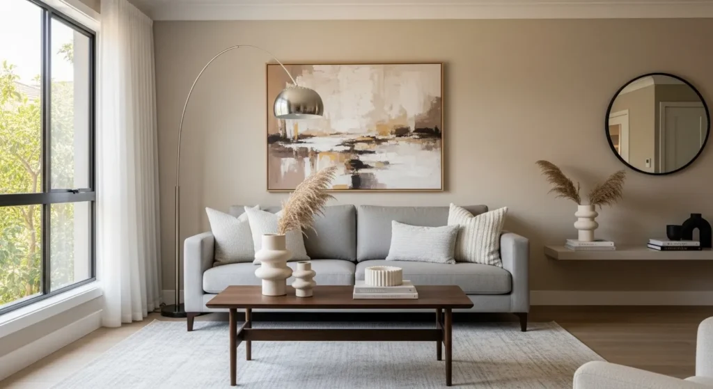 Neutral contemporary living room with beige walls and modern furniture