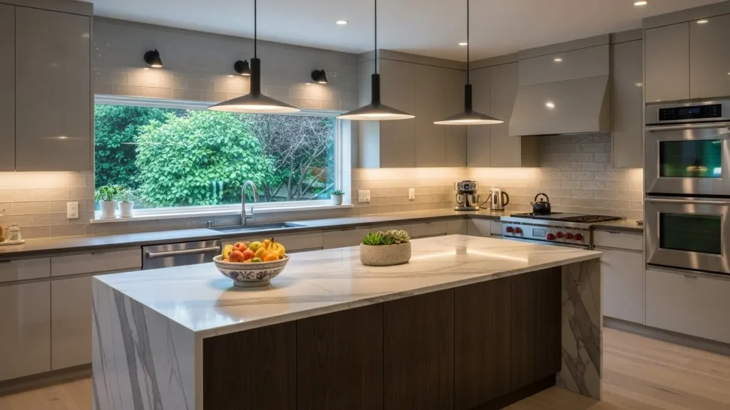 Pendant lights and under-cabinet lighting in kitchen