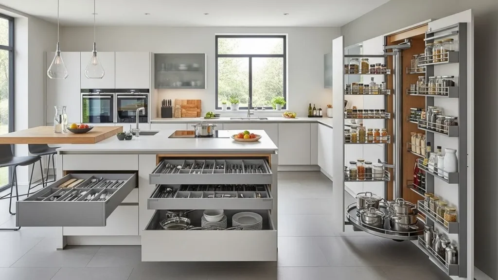 Hidden storage solutions in open kitchen