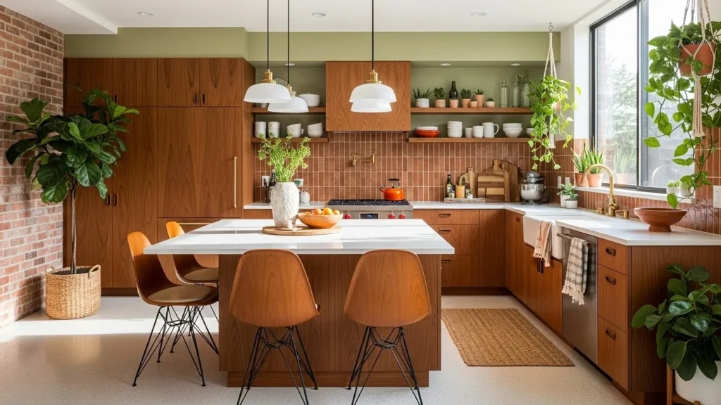 Indoor plants in mid century modern kitchen