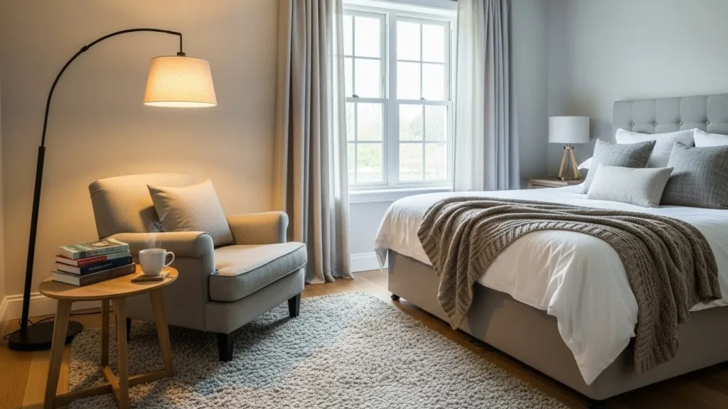 Bedroom layout with reading nook corner