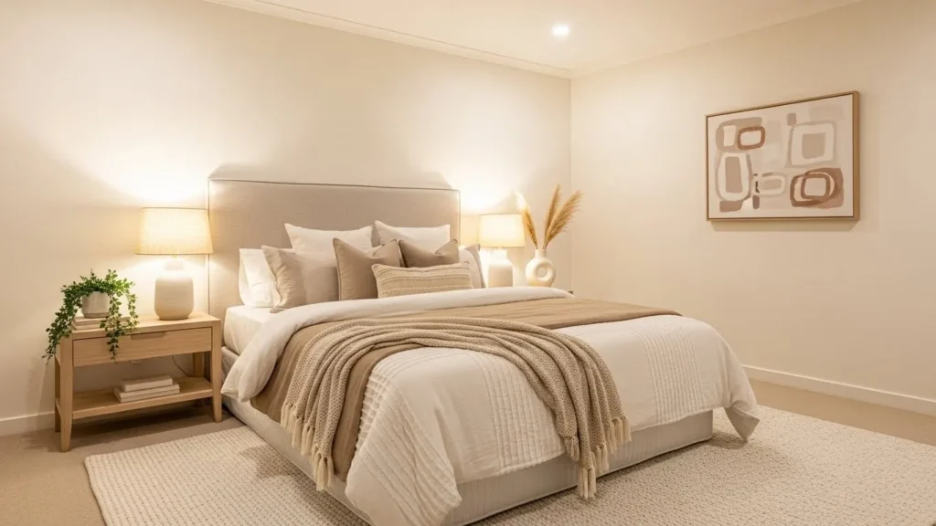 Soft neutral master bedroom with warm tones and elegant decor