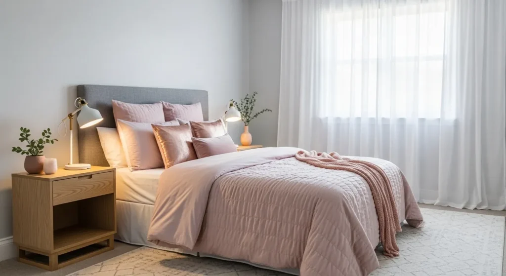 Blush pink and gray bedroom