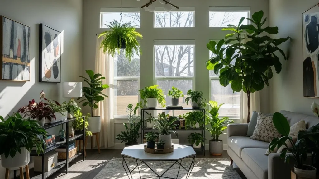 Indoor plants decorating modern house interior