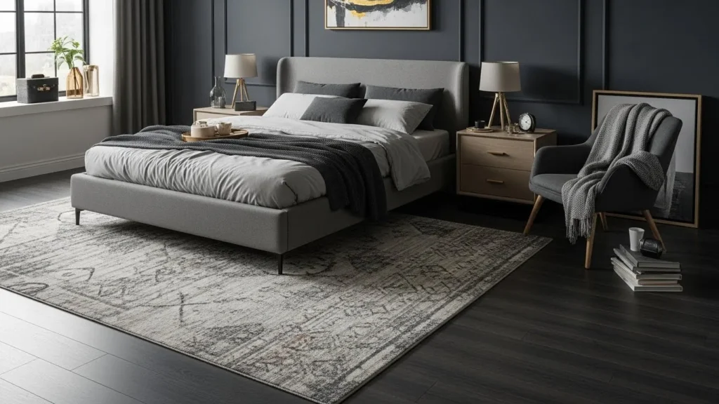 Cozy rug in a dark bedroom