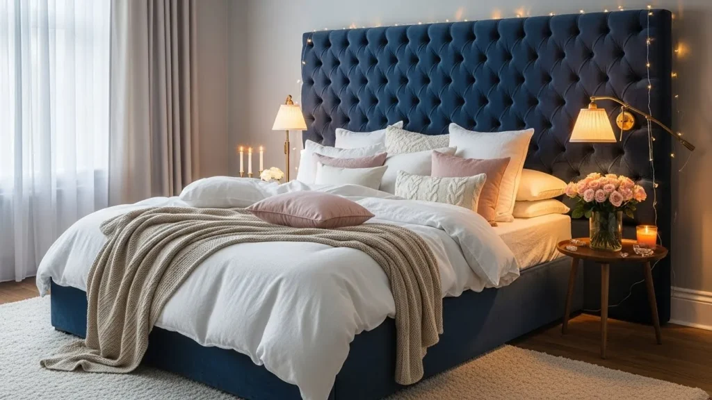 Romantic bedroom with plush upholstered headboard
