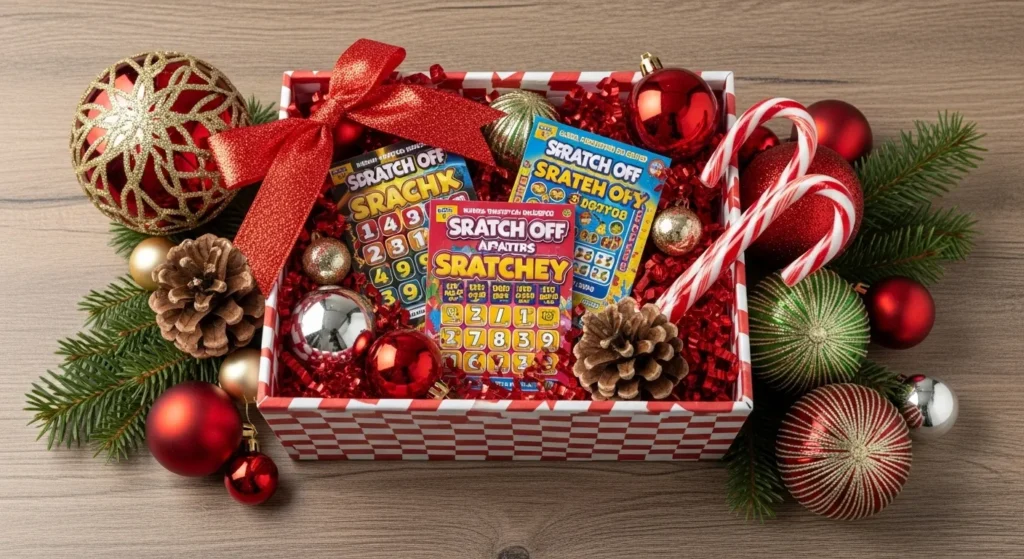 Holiday scratch off lottery ticket gift basket with festive decor