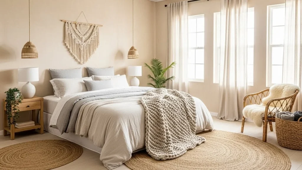 Sand color bedroom with warm neutral decor