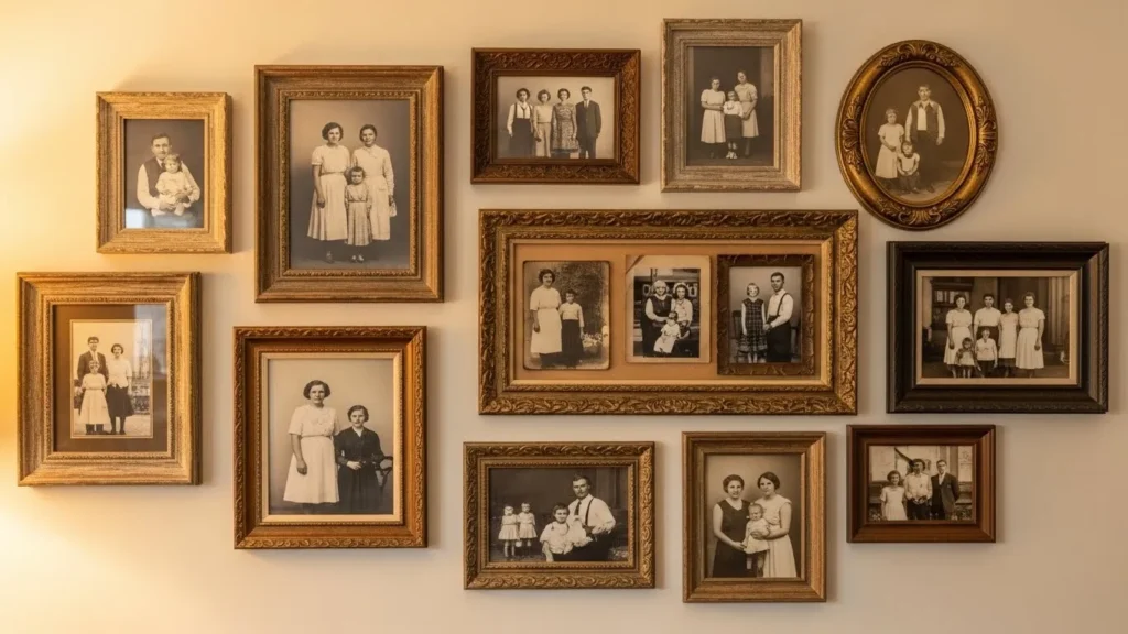 Vintage home decor featuring framed photos and artwork on gallery wall