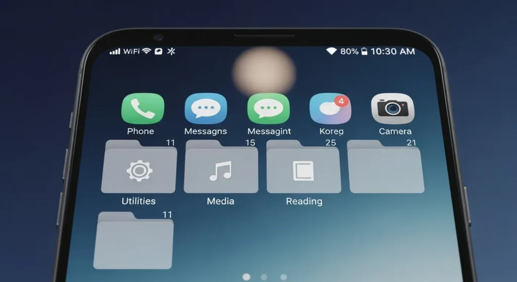 Organized smartphone home screen with app folders