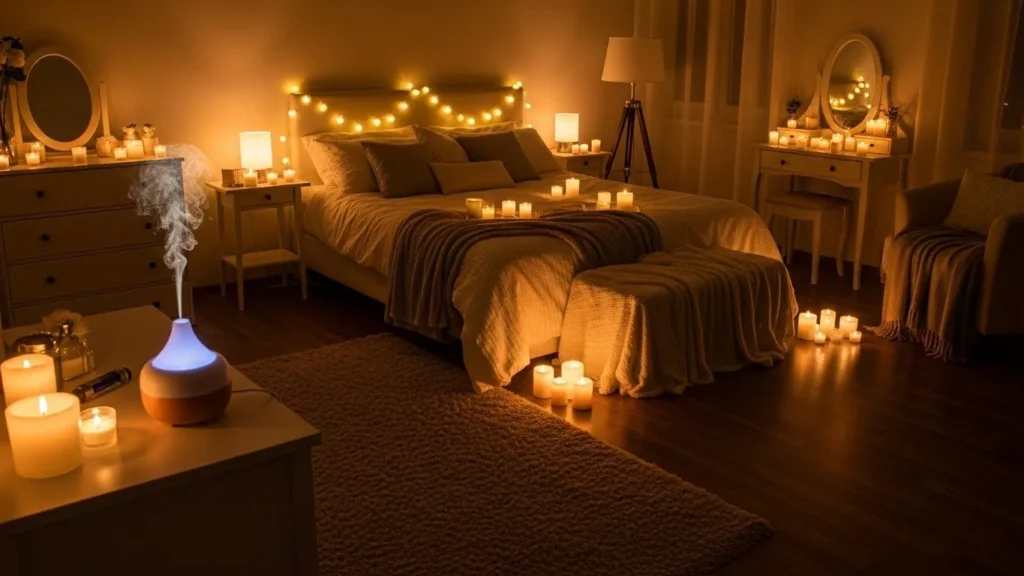 Romantic bedroom with candles and diffuser