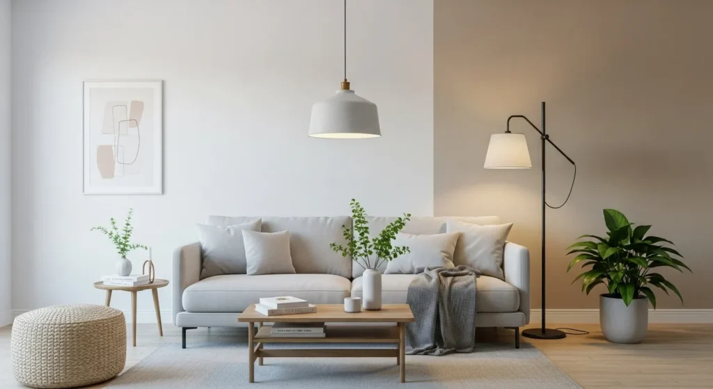 Neutral Scandinavian living room with white walls and soft beige furniture