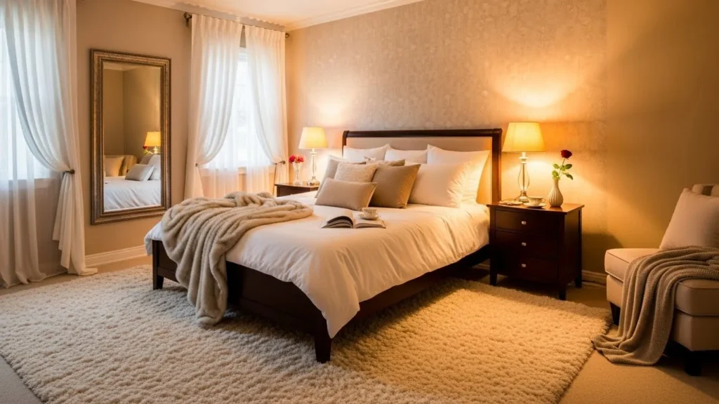 Romantic bedroom with soft rug under bed