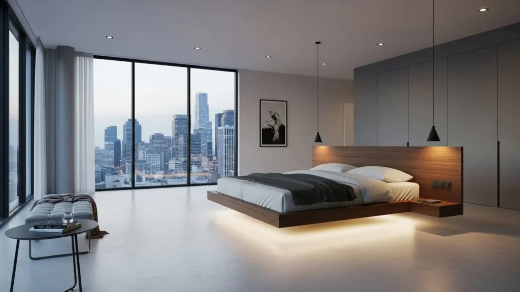 Floating bed bedroom layout idea