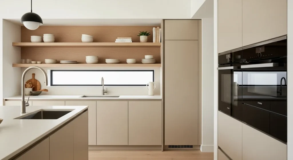 Beige kitchen cabinets with open shelving