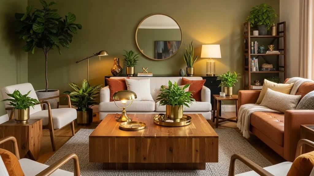 Olive green living room with natural decor