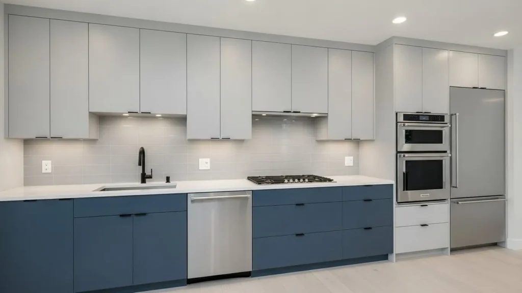 Blue and gray two tone kitchen cabinets in a modern kitchen