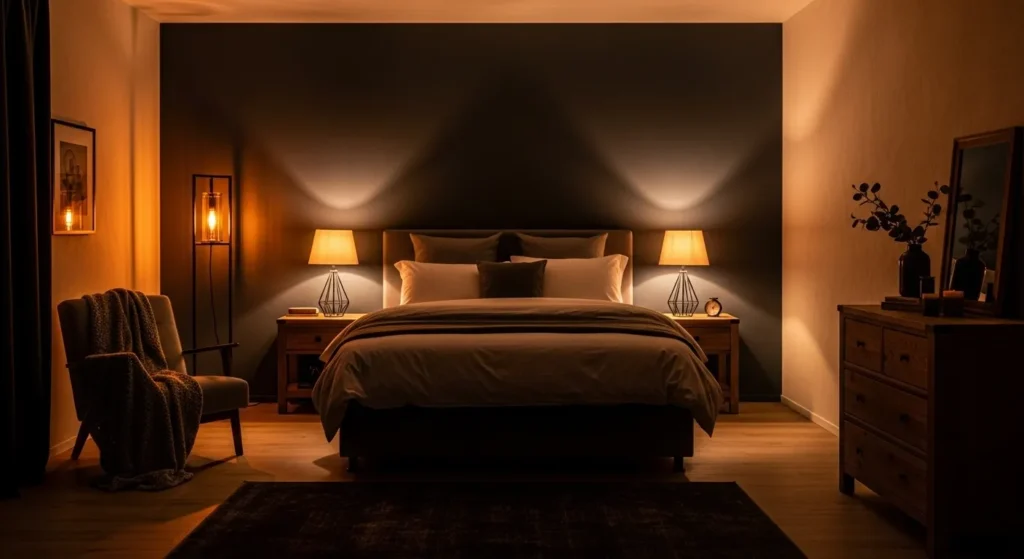 Dark bedroom with layered ambient lighting