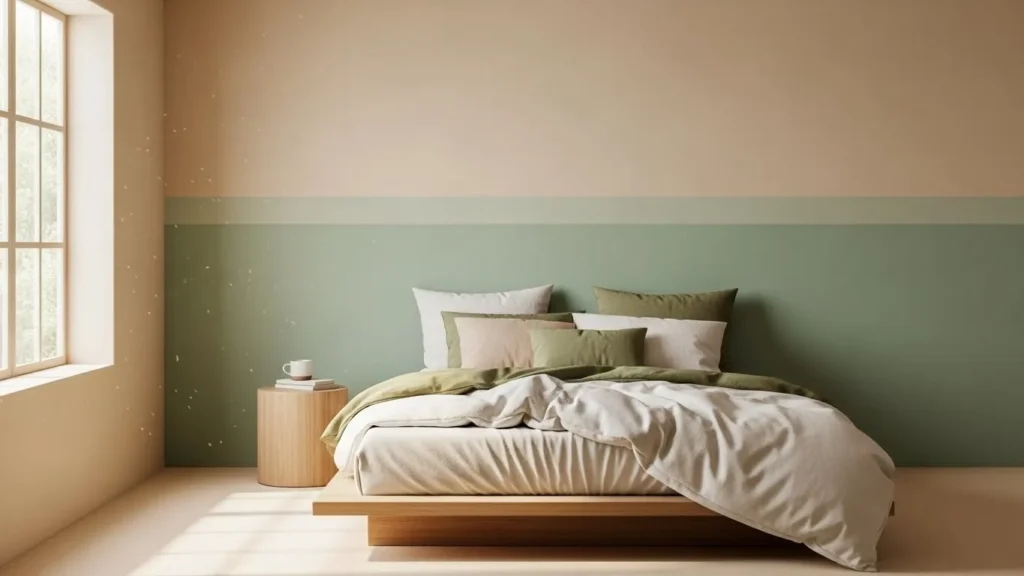 “Bedroom with earthy beige and green walls, minimal decor, and natural sunlight.”