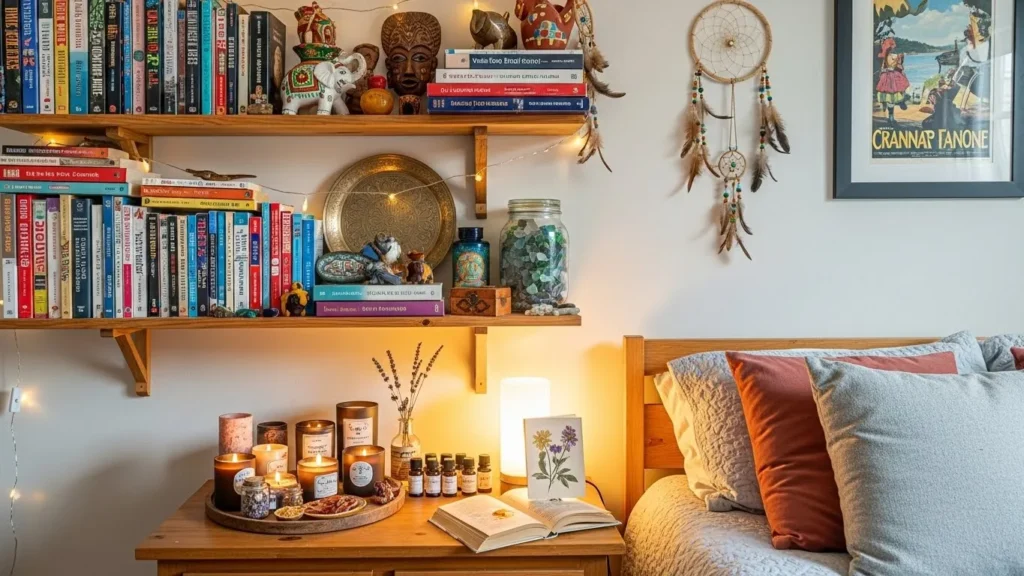 “Organic modern bedroom with personal touches: books, souvenirs, and DIY candle setup.”