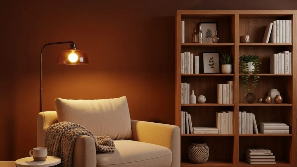 Chocolate brown accent wall in cozy interior