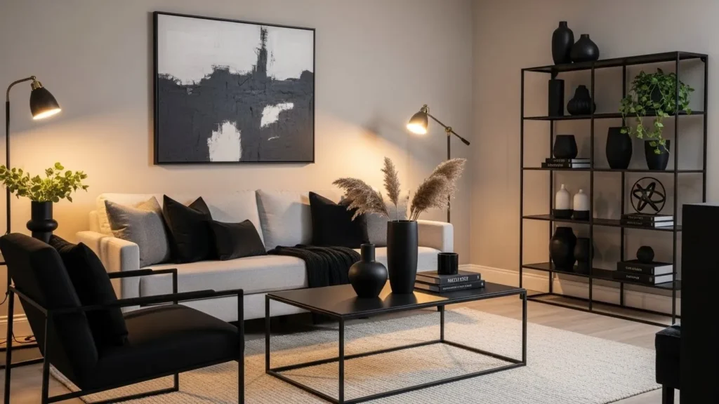 Modern living room with black accents