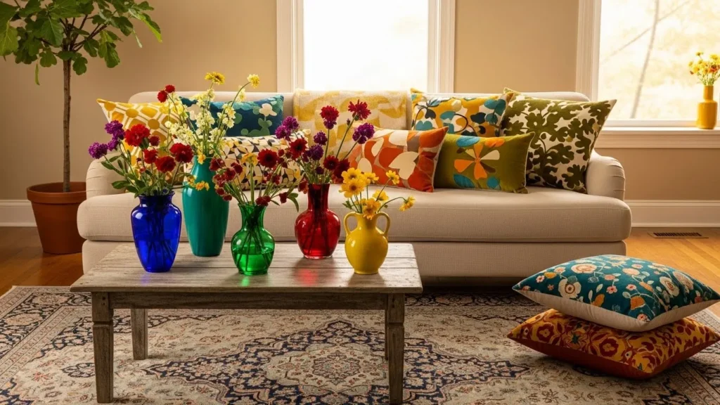 Vintage home decor using neutral walls with colorful accents