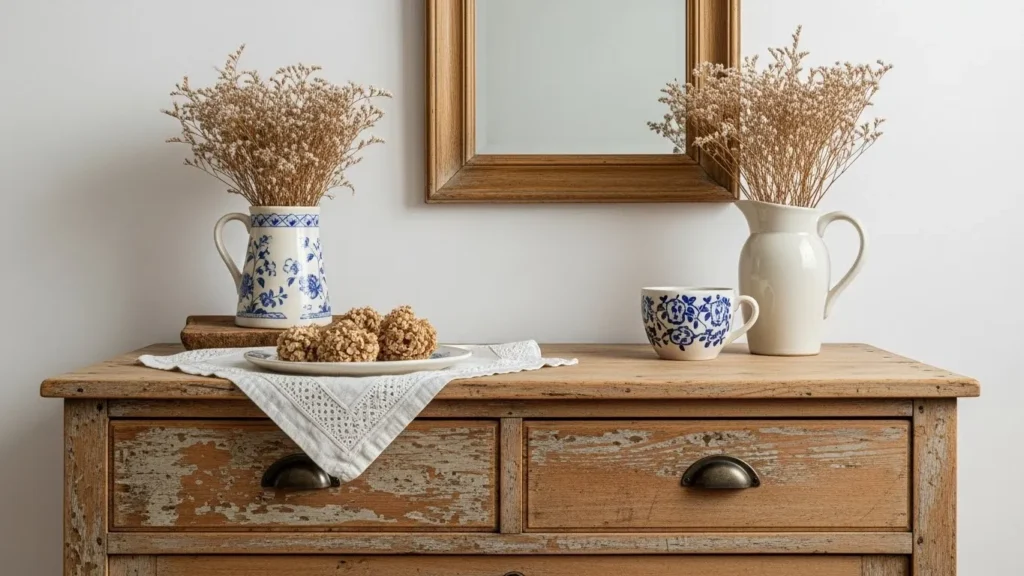 Vintage wooden furniture used in cottagecore decor