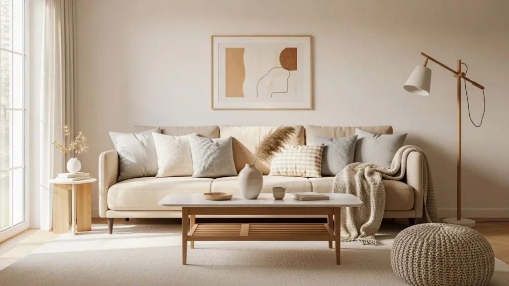 Neutral modern living room with warm textures and soft tones