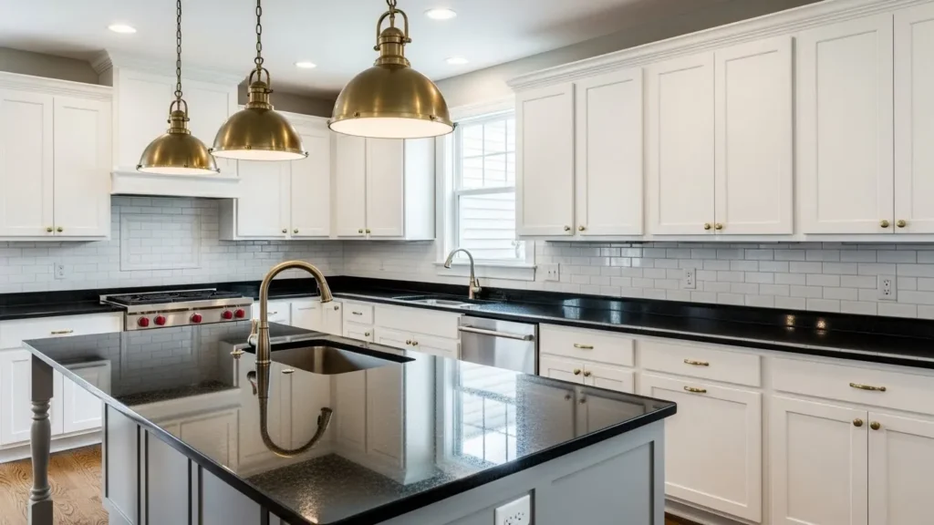 White cabinets with dark countertops and brass accents