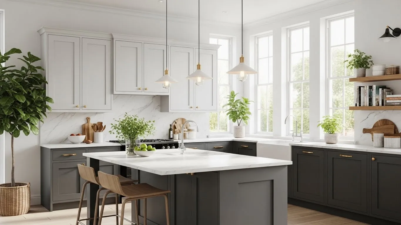 Modern gray kitchen with light and dark cabinets, gray island, marble countertops, and stylish pendant lighting