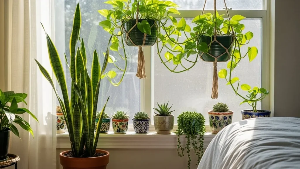 “Cozy bedroom decorated with indoor plants like snake plant, pothos, and succulents.”