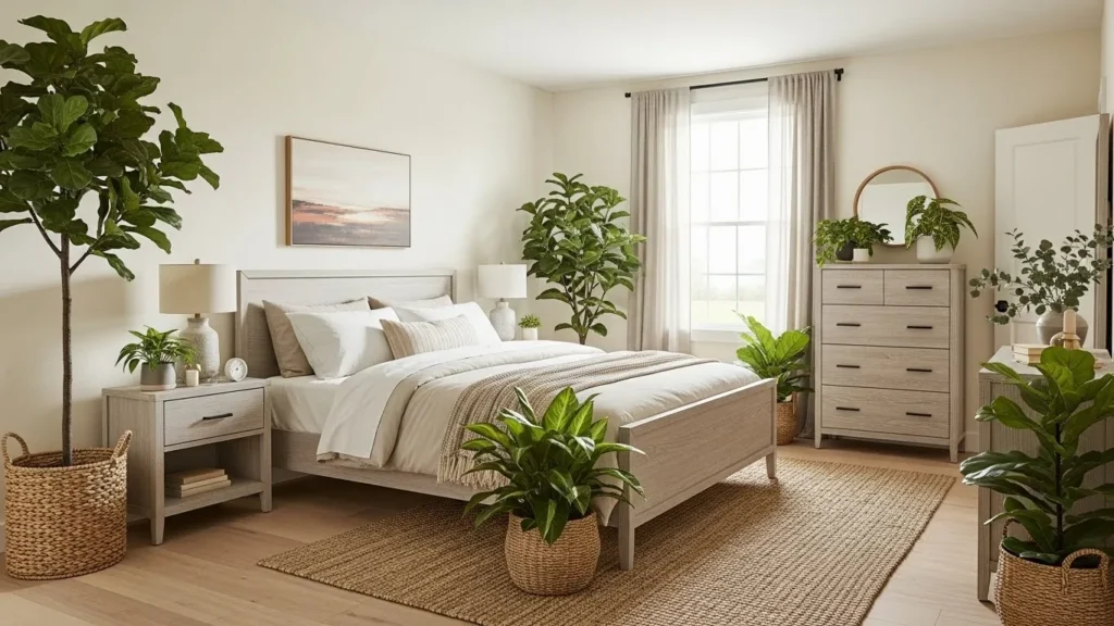Guest bedroom with plants and natural decor elements