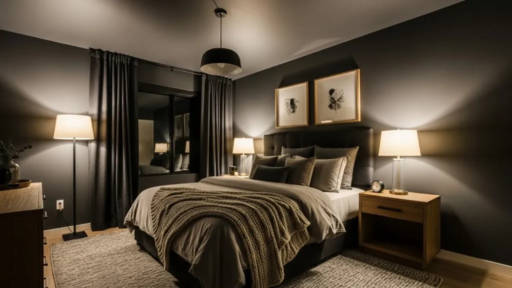 Charcoal wall moody bedroom with cozy lighting