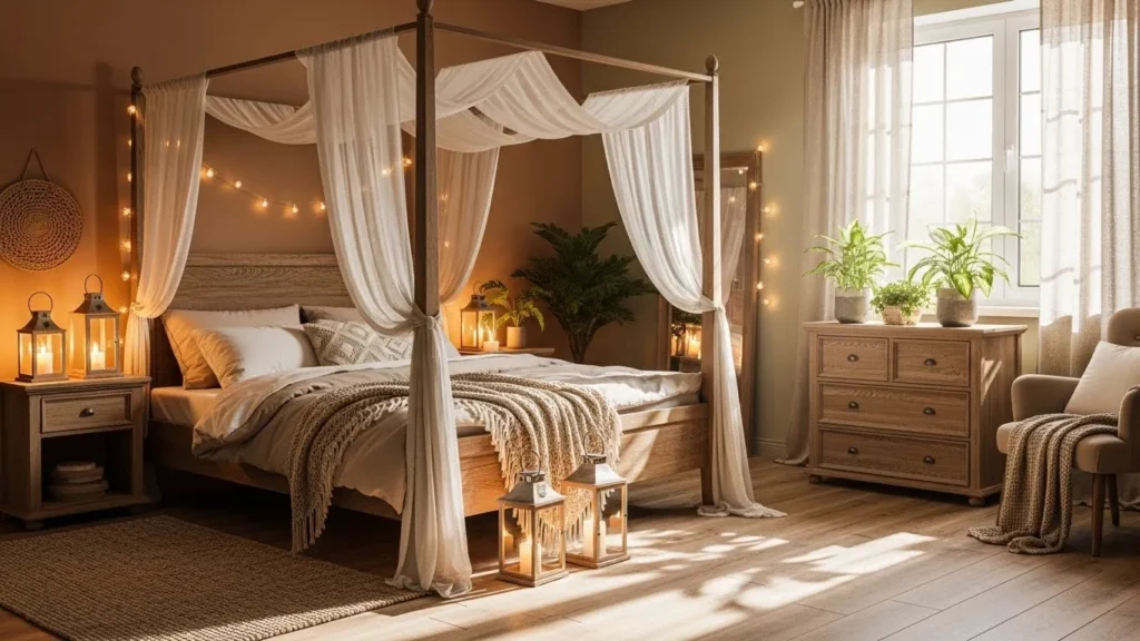 Romantic bedroom with warm wood elements