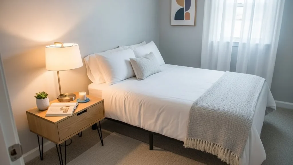 Guest bedroom nightstand with lamp and essentials