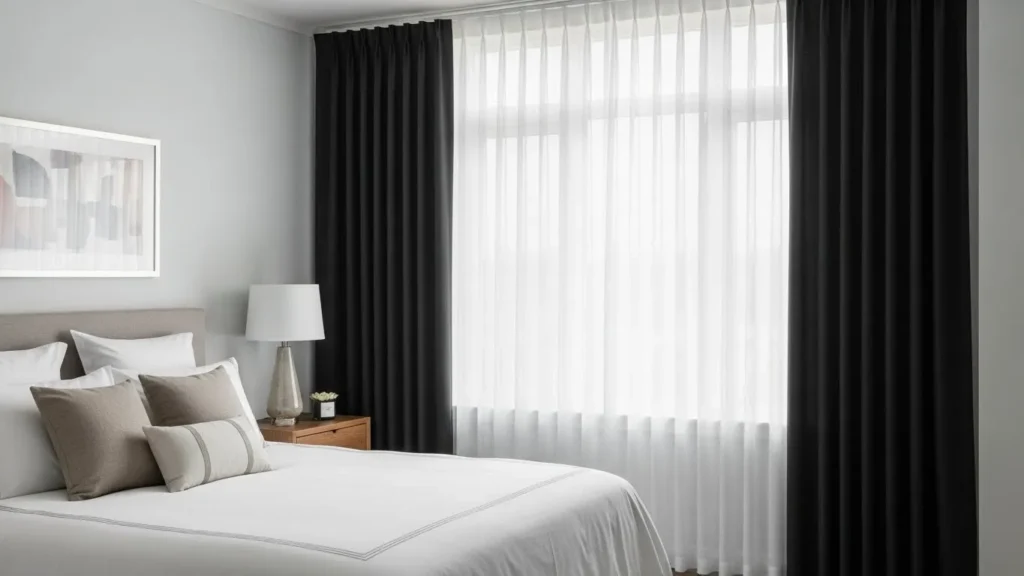 Guest bedroom with blackout curtains and soft lighting