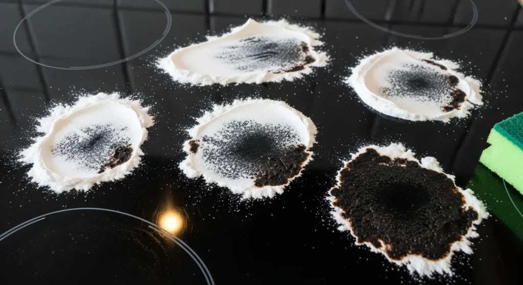 Baking soda paste removing burnt-on stains from glass cooktop