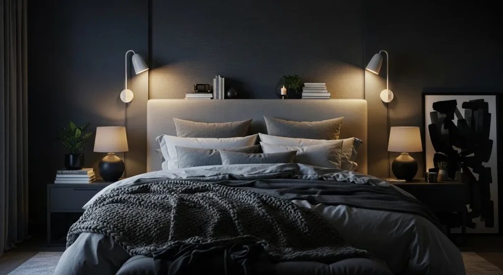 Dark cozy bedroom with wall sconces