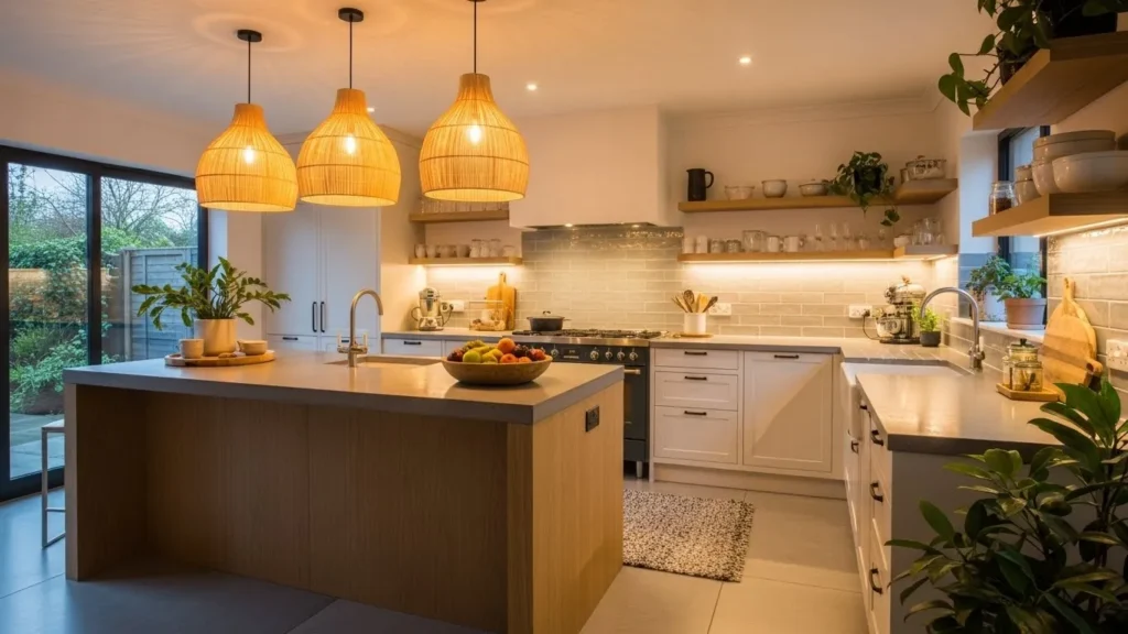 Warm lighting in organic modern kitchen