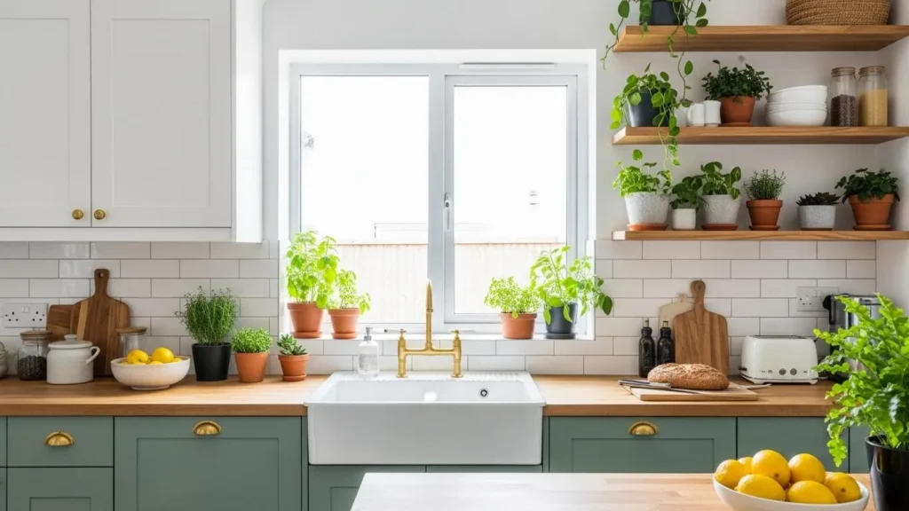 Green and white two tone kitchen cabinets with natural accents