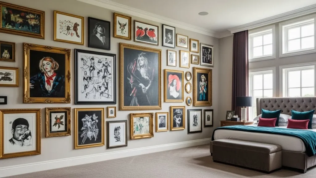 Floor to ceiling bedroom gallery wall ideas