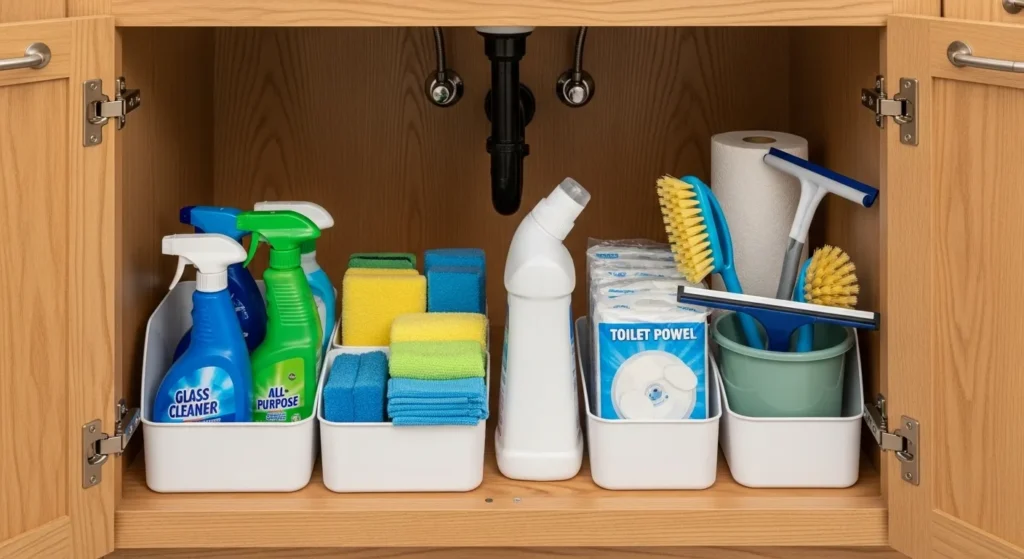 Hidden cleaning supplies in boys bathroom