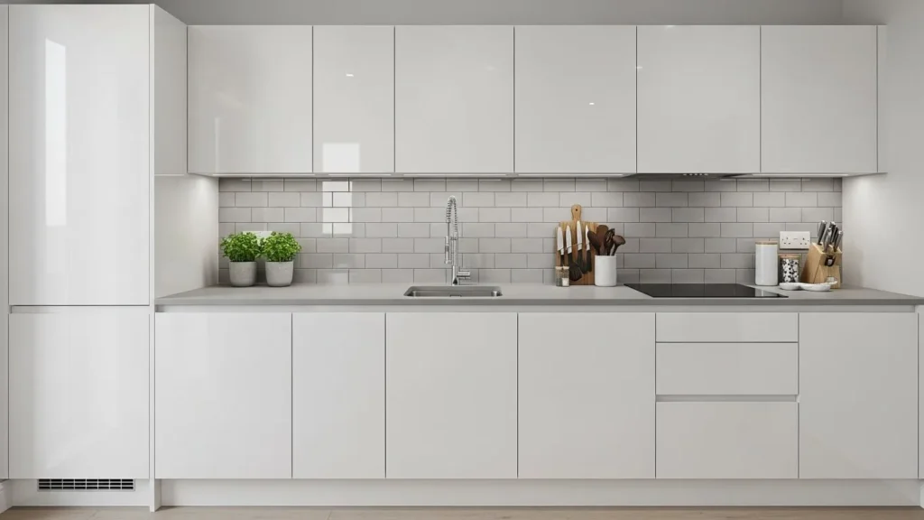 Glossy cabinets and backsplash reflecting light in a small kitchen
