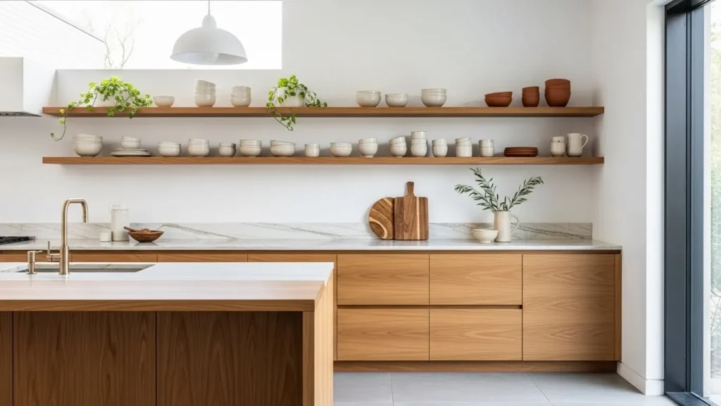 Open shelving in organic modern kitchen