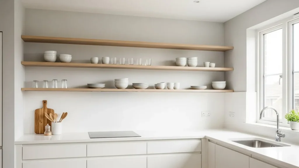 Small kitchen without upper cabinets for a more open look