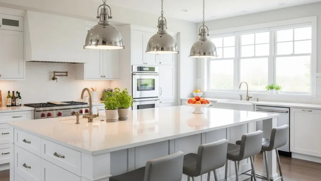 Sleek modern white kitchen with handle-less cabinets